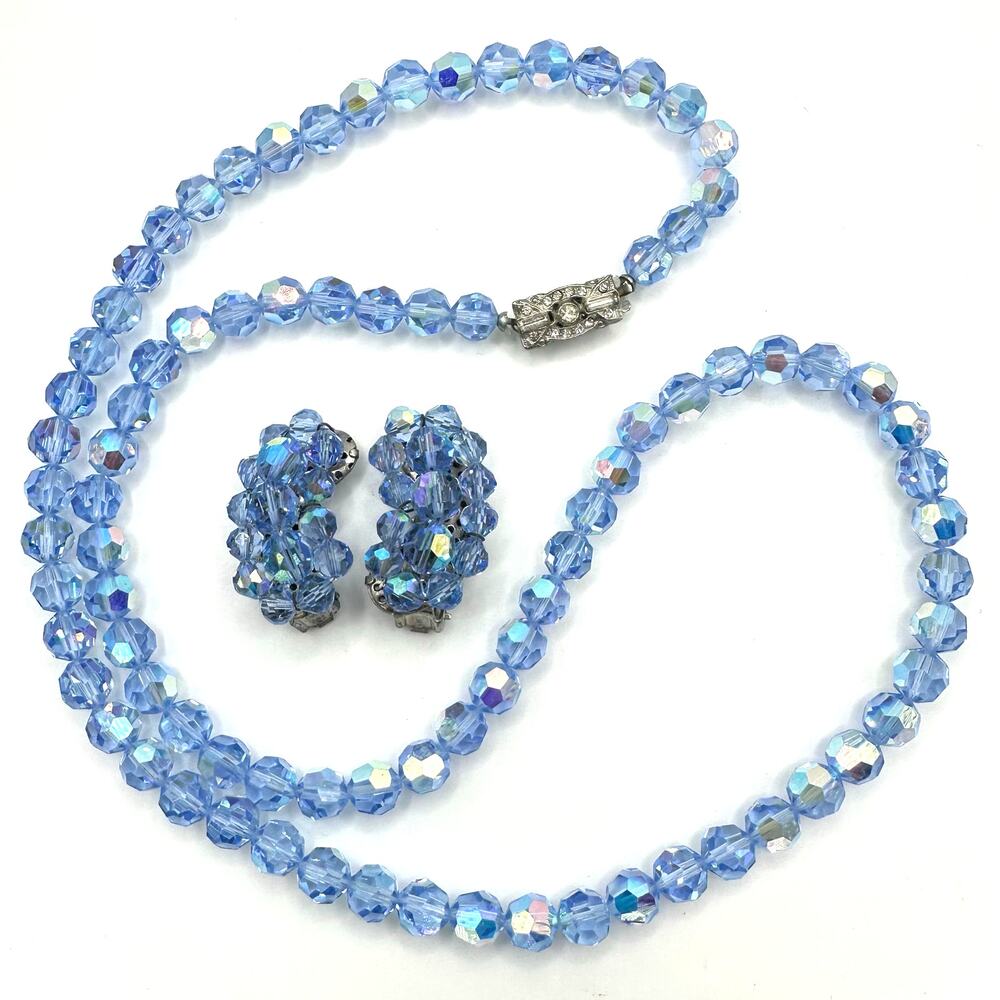 Vintage light blue aurora borealis AB glass beaded necklace clip on earrings